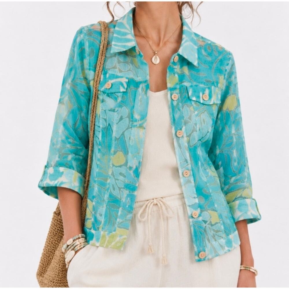 Linear Women Coastal Tropical Prep Resort Artsy Eclectic Sheer Floral Jacket M